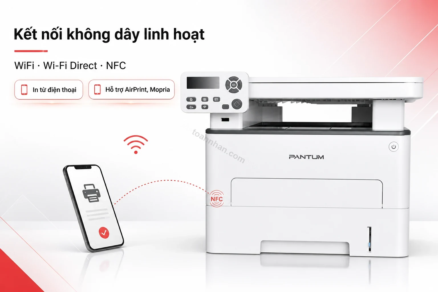 Điện thoại kết nối in không dây tới máy in Pantum M7100DW qua WiFi và NFC