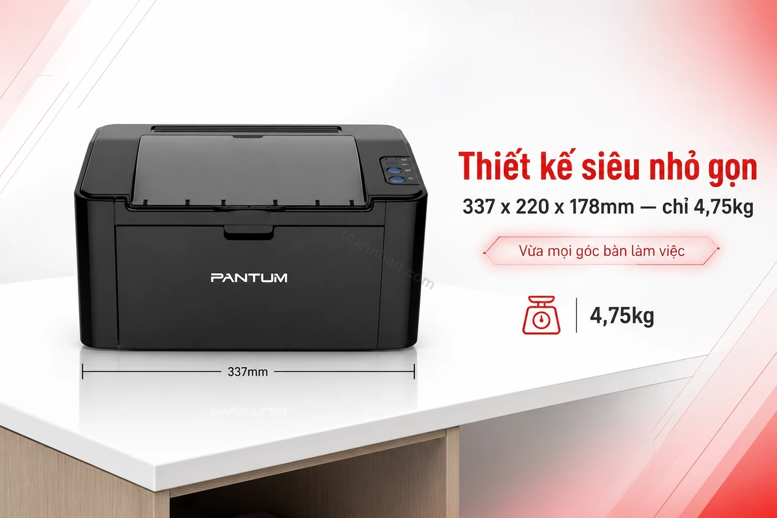 Máy in Pantum P2516 kích thước nhỏ gọn đặt trên bàn làm việc