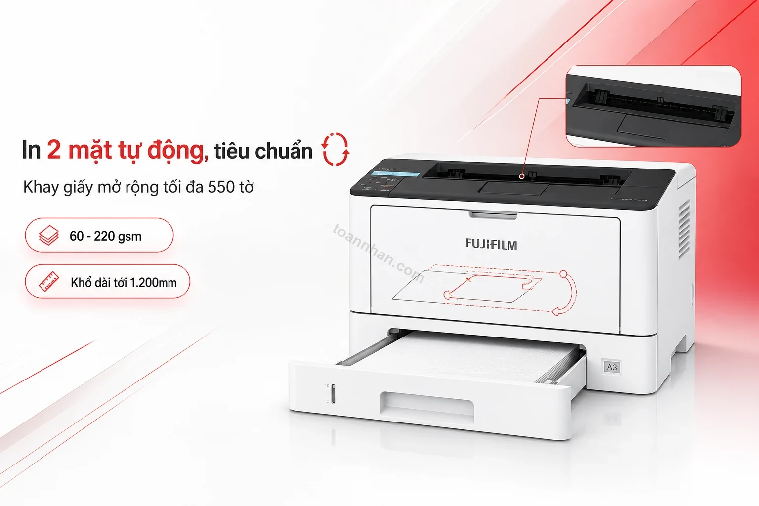 Cận cảnh khay giấy và bộ đảo giấy in hai mặt tự động của Fuji Xerox DocuPrint 3205d