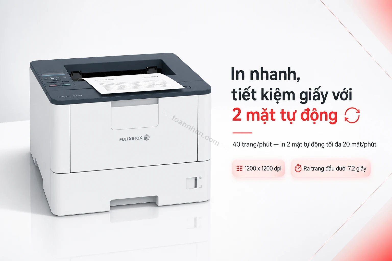 Máy in Fuji Xerox DocuPrint P375DW đang in 2 mặt tự động, tài liệu ra khay úp mặt xuống