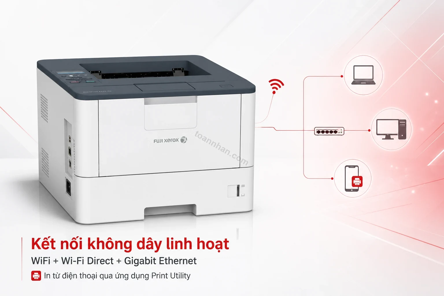 Sơ đồ kết nối WiFi, Wi-Fi Direct và Gigabit Ethernet của máy in Fuji Xerox DocuPrint P375DW