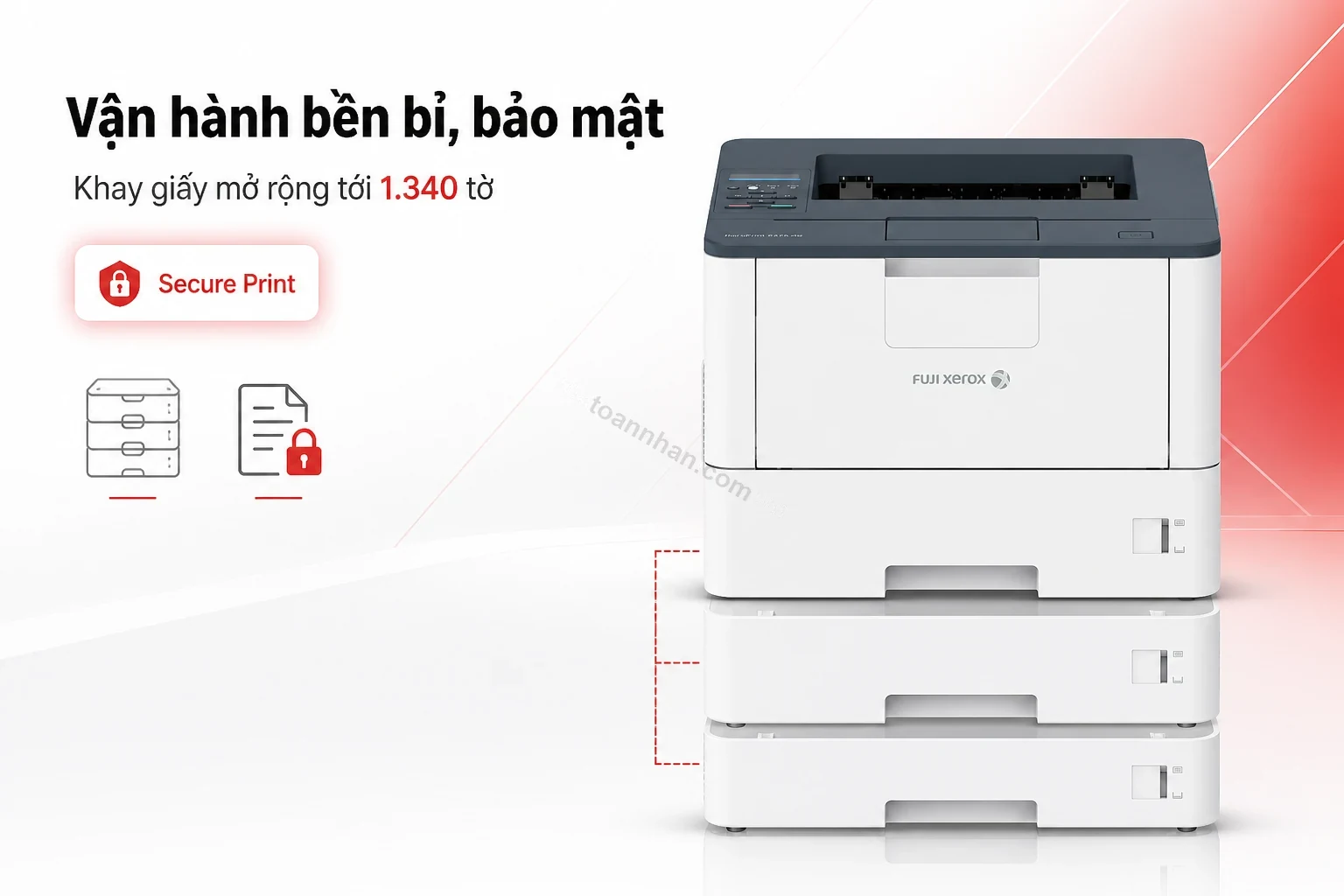 Khay giấy mở rộng và bảng điều khiển Secure Print của máy in Fuji Xerox DocuPrint P375DW